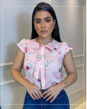 Blusa Social Feminina em Crepe Estampada com Babados nas Mangas